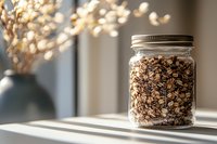 Glass jar filled with rolled oats on white windowsill catching morning sunlight, with dried flowers in vase creating soft bokeh background. Natural food storage concept.