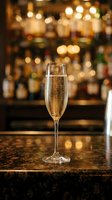 Champagne flute filled with sparkling wine on bar counter with blurred restaurant lights creating warm bokeh atmosphere for celebration and dining.