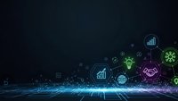 Digital technology background with glowing business icons and data visualization elements on dark blue surface for corporate presentations.