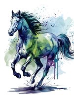 Galloping horse in motion with vibrant watercolor splashes and paint drips in blue, green and purple tones on white background for artistic designs.