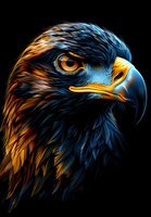 Majestic golden eagle head portrait with intense amber eye and dark blue feathers against black background, dramatic lighting highlights natural textures and details.