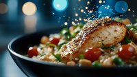 Grilled salmon fillet on black plate with chickpea salad, cherry tomatoes and fresh herbs in moody lighting with bokeh background, food photography.