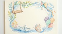 Watercolor frame with swing, kite, paper boat, balloons and butterfly on beige background for children design projects and greeting cards.