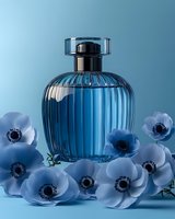 Elegant blue glass perfume bottle with ribbed texture surrounded by delicate white anemone flowers on blue background, luxury fragrance and beauty product photography.