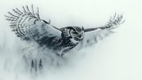 Majestic great horned owl in flight through misty forest, wings spread wide against foggy winter landscape, dramatic monochromatic nature scene in gray tones.
