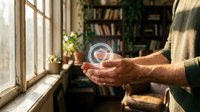 Senior man holding transparent glass sphere in cozy home library with warm sunlight streaming through window creating peaceful contemplative atmosphere.