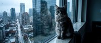 Fluffy tabby cat sitting on windowsill gazing at urban cityscape with tall skyscrapers and rainy streets below from high-rise apartment.