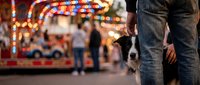 Cropped view of person in denim jeans holding small black and white dog at festive carnival or fair with illuminated rides and blurred crowds in background at night.