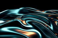 Luxurious metallic turquoise and copper waves create dynamic flowing abstract background with glossy satin-like texture and dramatic lighting effects.
