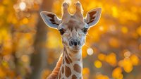 Young giraffe portrait with golden autumn bokeh background, showcasing distinctive spotted pattern and gentle expression for wildlife photography.