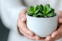 Small succulent plant in white ceramic pot held gently by feminine hands. Jade plant with fresh green leaves against blurred background. Minimalist home decor and gardening concept.
