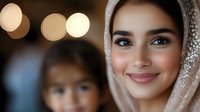Young Middle Eastern woman wearing traditional hijab smiling warmly at camera with soft bokeh lights in background, showcasing natural makeup and positive expression.