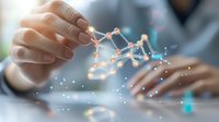 Scientist hands manipulating glowing molecular structure with DNA helix and atoms in laboratory setting, demonstrating advanced biotechnology research and genetic engineering.