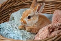 Adorable ginger baby bunny resting in wicker basket with soft pastel blankets, close up portrait of young domestic rabbit with fluffy fur and gentle expression.