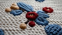 Close up view of red and blue floral embroidery pattern on white cotton fabric showing detailed needlework stitches and textured surface design.