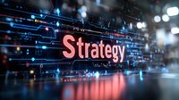Glowing red strategy text on digital circuit background with blue technology lines and bokeh lights, modern business concept visualization.