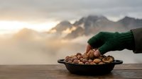 Person wearing green knit glove pouring roasted hazelnuts into black bowl with misty mountain landscape at sunrise in background.