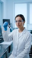 Female scientist of mixed ethnicity wearing protective eyeglasses and blue latex gloves examines blood sample in laboratory setting. Medical research and healthcare professional concept.