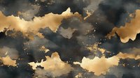 Dramatic gold and black watercolor clouds with metallic sparkles create moody atmospheric background. Abstract stormy sky pattern with golden accents and dark swirls.