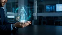 Businessman holding holographic human body projection with digital particles in modern office environment for healthcare technology and medical innovation concepts.