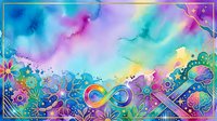 Vibrant watercolor gradient background with colorful abstract floral and geometric ornamental elements, infinity symbols, and decorative botanical patterns for creative design projects.