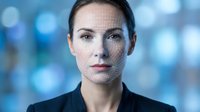 Professional businesswoman with facial recognition grid overlay for biometric security technology and artificial intelligence applications in corporate environment.