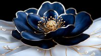 Elegant navy blue flower with golden center and delicate stamens on light background, featuring metallic accents and intricate petal details. Decorative art piece.