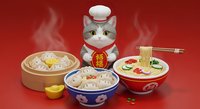 Lucky cat figurine surrounded by Asian noodle bowls and steaming dishes on red background. Perfect for restaurant menus, food blogs, and Asian cuisine marketing materials.