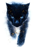Mystical black cat with bright blue eyes and cosmic galaxy elements, golden stars and sparkles on dark background, watercolor style artwork for fantasy designs.