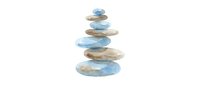 Stacked stones with blue watercolor accents balanced in zen tower formation on white background, isolated for wellness and meditation design projects.