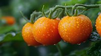 Fresh orange cherry tomatoes on vine with water drops and morning dew against dark green garden background, macro food photography.