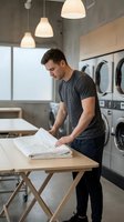 Young Caucasian man folding white laundry on wooden table in modern laundromat with pendant lights and washing machines in background for household chores.