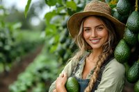 Young female farmer in straw hat and braided hair smiling while working in avocado orchard, sustainable agriculture and organic farming concept.