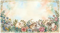 Watercolor frame with cute mice among roses and wildflowers, crescent moon, pastel tones, golden border, copy space for text or greeting cards.