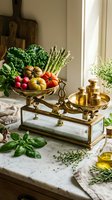 Vintage brass scale with fresh organic vegetables and herbs on marble counter in rustic kitchen setting for healthy cooking and farm-to-table dining.