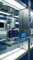 Digital clock showing 10:08 and limited offer sign on glass shelf in modern electronics retail store with blue lighting.
