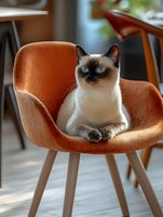 Siamese cat with striking blue eyes sitting on orange mid-century modern chair in cozy home interior with natural lighting.