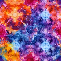 Vibrant tie dye pattern in orange, blue and pink colors creates kaleidoscopic mandala effect. Seamless repeat design for fabric, wallpaper and textile projects.