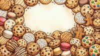 Assorted baked goods and sweets frame a cream background, featuring chocolate chip cookies, macarons, gingerbread figures, and striped treats. Perfect for bakery, dessert, and food design projects.