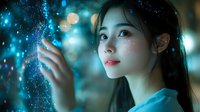 Young Asian woman with long dark hair reaching toward glowing blue bokeh lights creating magical dreamy atmosphere against dark background. Soft ethereal portrait.