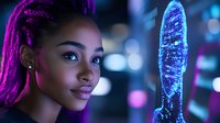 Young African American woman with purple dreadlocks holding futuristic holographic device in neon-lit cyberpunk cityscape for sci-fi technology concepts.