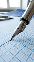 Fountain pen writing on graph paper with blueprints and office supplies in background, suitable for business, education, engineering, and design projects.