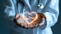 Medical professional in white coat holds glowing heart rate pattern with sparkles in cupped hands against dark background, representing healthcare innovation and healing.