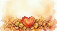 Red heart surrounded by golden coins on watercolor background symbolizing love for money, wealth attraction, financial success and prosperity mindset.