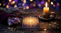 Mystical tarot card reading setup with burning candle, amethyst crystal and bokeh lights creating atmospheric fortune telling scene for spiritual guidance sessions.