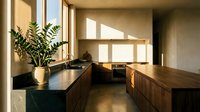 Modern kitchen with wooden cabinetry, black countertops, potted plant on windowsill, and natural sunlight streaming through large windows for contemporary home design projects.