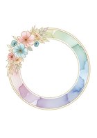 Watercolor circular frame with pink and blue flowers, leaves, and gradient wash background, isolated on white for design projects.