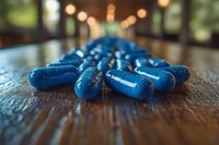 Blue pharmaceutical capsules arranged on wooden surface with blurred medical facility corridor background, suitable for healthcare, medicine, and pharmaceutical industry applications.