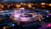 Futuristic glowing circular light trails on circuit board with purple and orange neon effects create dynamic technology concept against dark background.