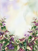 Watercolor floral border frame with purple morning glory flowers and green foliage on soft pastel background, isolated design element for invitations and greeting cards.